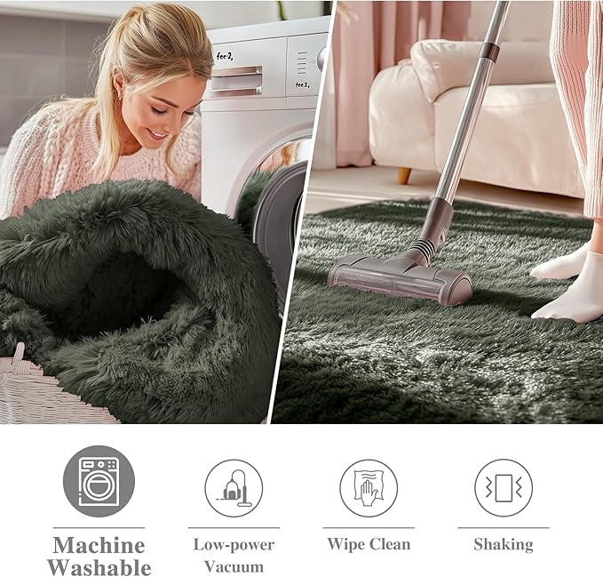 OLANLY Olive Green Round Rugs for Bedroom - Machine Washable, 5 ft Circle Area Rugs for Living Room, Soft and Fluffy Shaggy Carpet for Teen Girl and Boys, Nursery Rooms, Dorms, Home Decor Aesthetic