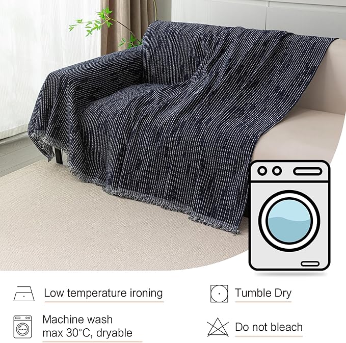 MYSKY HOME Couch Covers for 2 Cushion Couch Sectional Sofa, L Shape Sofa Protector Navy Chenille Couch Cover, Sofa Covers Washable Blanket with Tassel Pet Couch Cushion Cover, 71"X102"