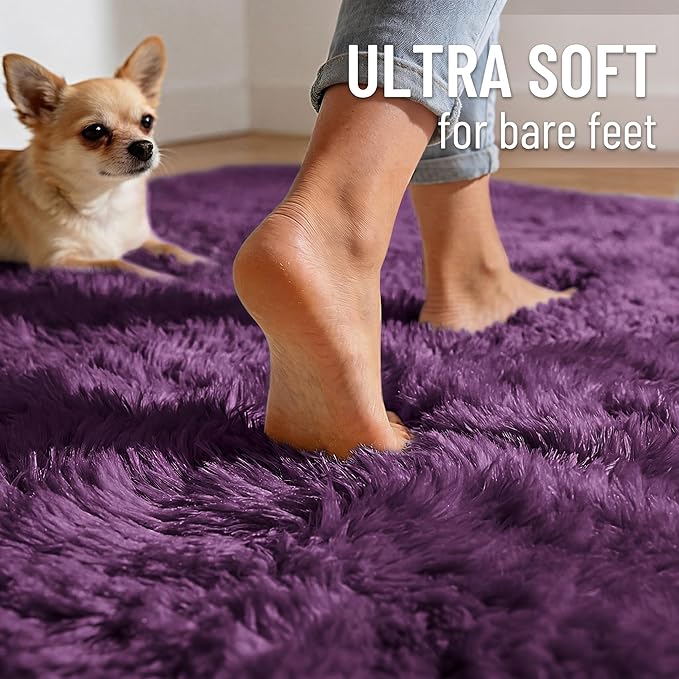 OLANLY 5x7 Machine Washable Large Area Rugs for Living Room, Bedroom, Soft Fluffy Shaggy Bedside Rug, Indoor Floor Carpet for Kids Girls and Boys, Dorms, Nursery, Home Decor Aesthetic, Dark Purple