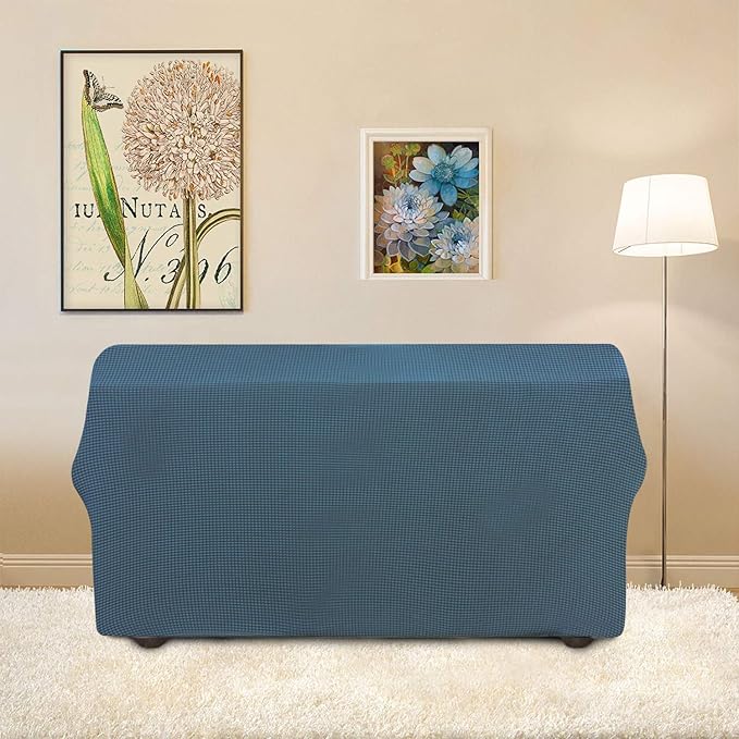 Easy-Going Stretch Loveseat Slipcover 1-Piece Sofa Cover Furniture Protector Couch Soft with Elastic Bottom for Kids Polyester Spandex Jacquard Fabric Small Checks (Loveseat, Bluestone)