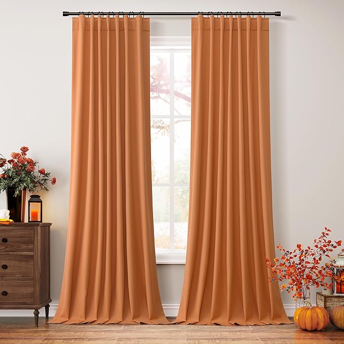 Guken Orange 100% Blackout Linen Curtains 108 Inch Length 2 Panels Set for Living Room Bedroom Back Tab Thermal Insulated Black Out Drapes Room Darkening Farmhouse Window Curtains 52x108
