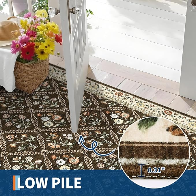 Washable Kitchen Rugs Non Slip 2x6 Hallway Runner Rug Stain Resistant Low Pile Floral Floor Rug with Rubber Backing Non Shedding Runners for Indoor Entryway Bedside Bedroom Farmhouse RV Brown Natural