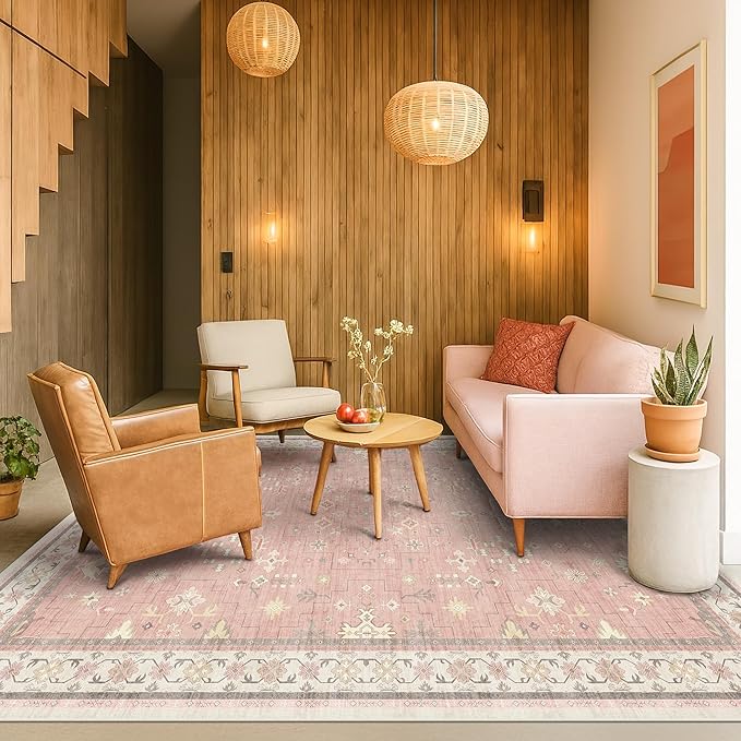 Blush Pink Girls Rugs for Bedroom - Nursery Floral Area Rug 5x7, Machine Washable Non Slip Kids Playroom Play Mat, Vintage Thin Low Pile Carpet for Living Room, Dorm