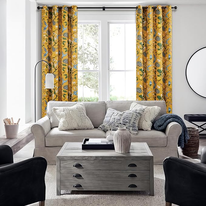 Topfinel Living Room Curtains 72 Inches Long Mustard Yellow Vintage Curtains & Drapes, Room Darkening Grommet Luxury Whimsical Floral Lemon Hummingbird Colorful Blackout Drapes for Living Room Bedroom
