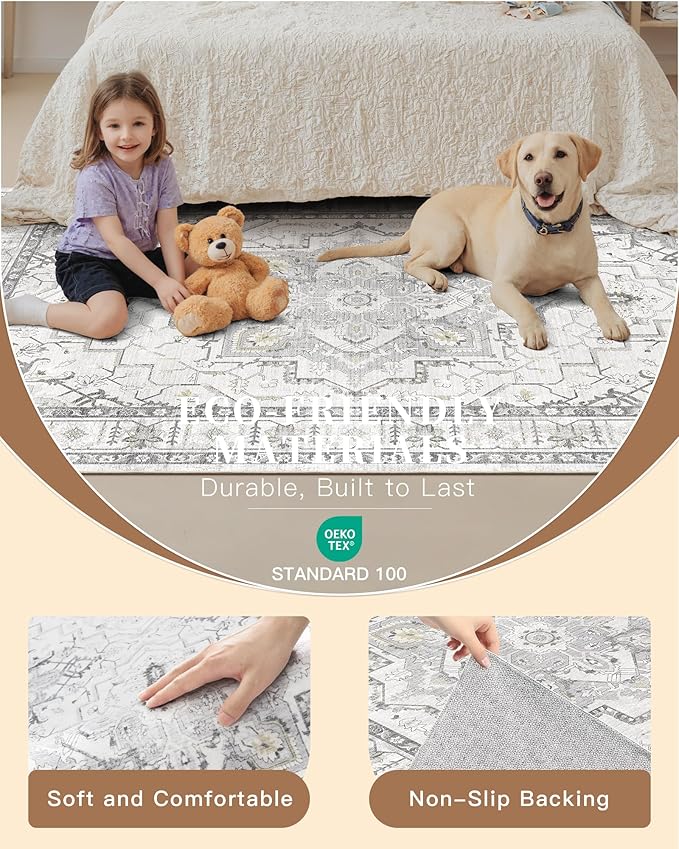 Madane Washable Runner Rug - 2x6 Rug Runners for Hallways 6 Foot Non Slip Vintage Kitchen Runner Rug Ultra-Thin Bathroom Runner Rugs Carpet Laundry Room Bedroom (2x6ft, Grey)