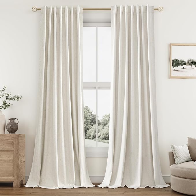 Cream 100% Blackout Linen Curtains 86 Inch Length 2 Panels Set for Living Room Bedroom Back Tab Thermal Insulated Black Out Drapes Room Darkening Farmhouse Style for Bedroom Window Curtains 52x86
