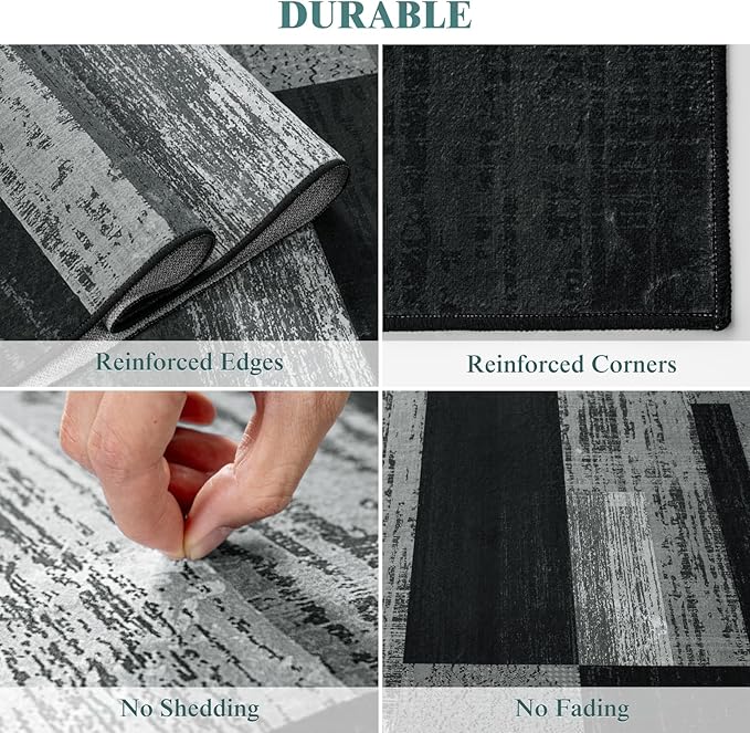 LIANLAM 9x12 Washable Area Rugs for Living Room and Bedroom, Vintage Checkered Pattern Non-Slip Carpet, Stain Resistant Low Pile Soft Rug for Dining Room,Office,Nursery,Kids Room(9x12,Gray)