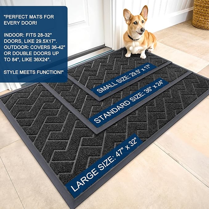 OLANLY Front Door Mat Indoor Outdoor Entrance, Waterproof All-Season, All-Weather Doormat, Sturdy Natural Rubber, Low Profile, Easy Clean Patio Porch Entryway Mat, Herringbone Brick (Black, 71x23)