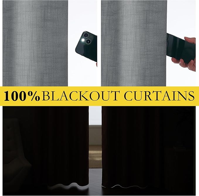 NICETOWN 100% Absolutely Blackout Linen Curtains with Thermal Insulated White Liner, Dove Grey, W52, 2 Pieces, Noise Reducing Textured Linen Look Curtains for Windows 108 inch Length for Classroom