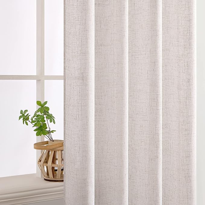 MIULEE White Linen Curtains 96 Inch Long for Bedroom Living Room, Soft Thick Linen Textured Window Drapes Semi Sheer Light Filtering Rod Pocket Back Tab Burlap Look Farmhouse Decor, 2 Panels