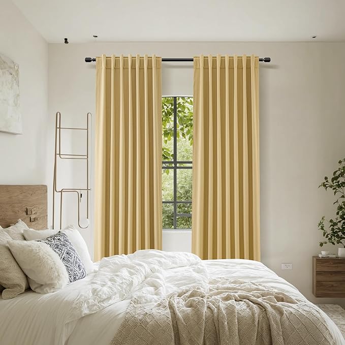 Guken 100% Blackout Curtains 90 Inch Length 2 Panels Set for Living Room Bedroom Back Tab Thermal Insulated Black Out Linen Drapes Room Darkening Window Curtains 90 Inches Long,Gold Yellow
