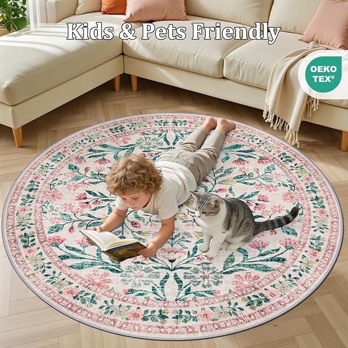 Round Area Rug for Living Room: 4 ft Floral Washable Circle Rug Soft Boho Non-Slip Carpet Indoor Stain Resistant Low Pile Small Circular Rug for Bedroom Entryway Kitchen Nursery Home Office Pink Green