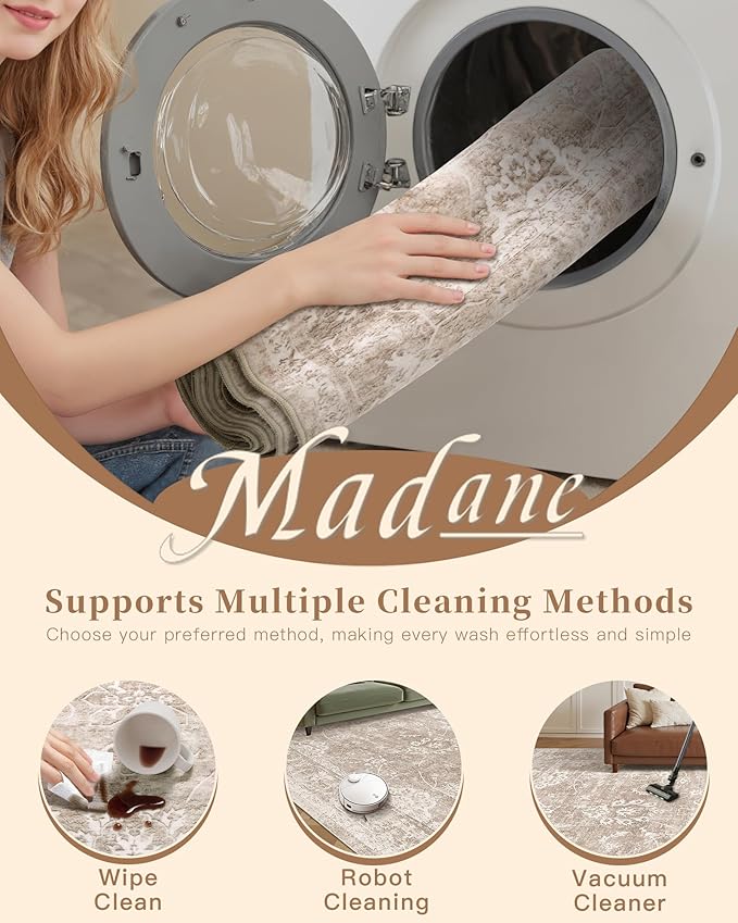 Madane 2x6 Washable Runner Rug Non-Slip, Vintage Kitchen Hallway Rug with Rubber Backing, Soft Low Pile Throw Carpet Runner for Entryway Laundry Bathroom Bedroom Living Room (2 x 6, Brown/Sand)