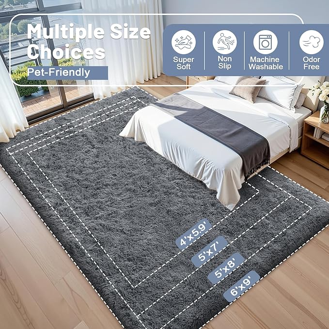 OLANLY 4x4 Machine Washable Accent Rug, Soft Fluffy Shaggy Area Rug for Bedroom, Living Room, Indoor Floor Carpet for Kids, Nursery, Home Decor, Grey