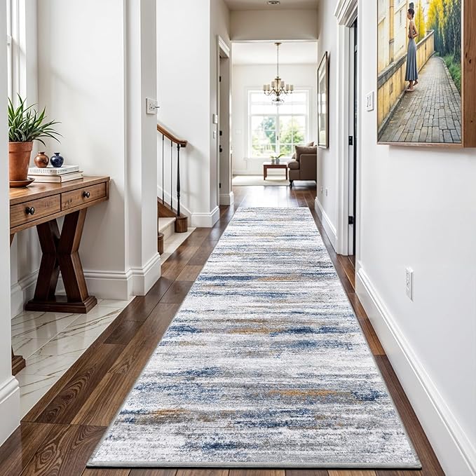 Washable Hallway Runner Rug for Home: Extra Long Runners for Entryway Living Room Dining Room - Stain and Water Resistant Rugs with Non-Slip Backing - Soft Low-Pile Carpet 2'6''x12' Navy Grey