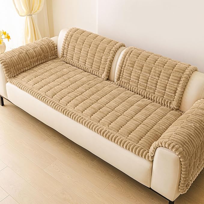hyha Couch Covers for Dogs Washable, Non Slip Plush Dog Sofa Protectors, Fuzzy Pet Couch Covers for 3 Cushion Sofa Pet Friendly (Camel, 27.6" x 88")