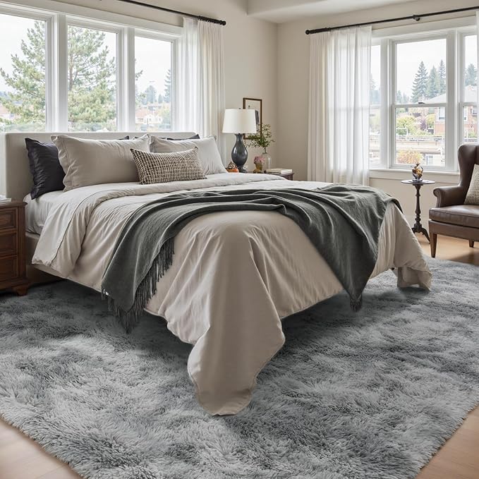 5x7 Ft Shag Area Rug for Bedroom, Tie Dyed Ultra Soft Fluffy Furry Rugs for Living Room Indoor Floor, Aesthetic Carpet for Kids Home Decor (Grey)
