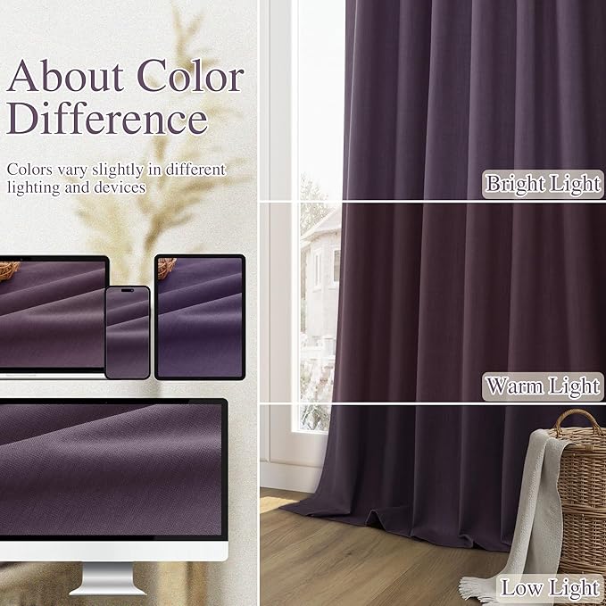 Guken 100% Blackout Curtains 96 Inch Length 2 Panels Set for Living Room Bedroom Back Tab Thermal Insulated Black Out Linen Drapes Room Darkening Window Curtains 96 Inches Long,Plum