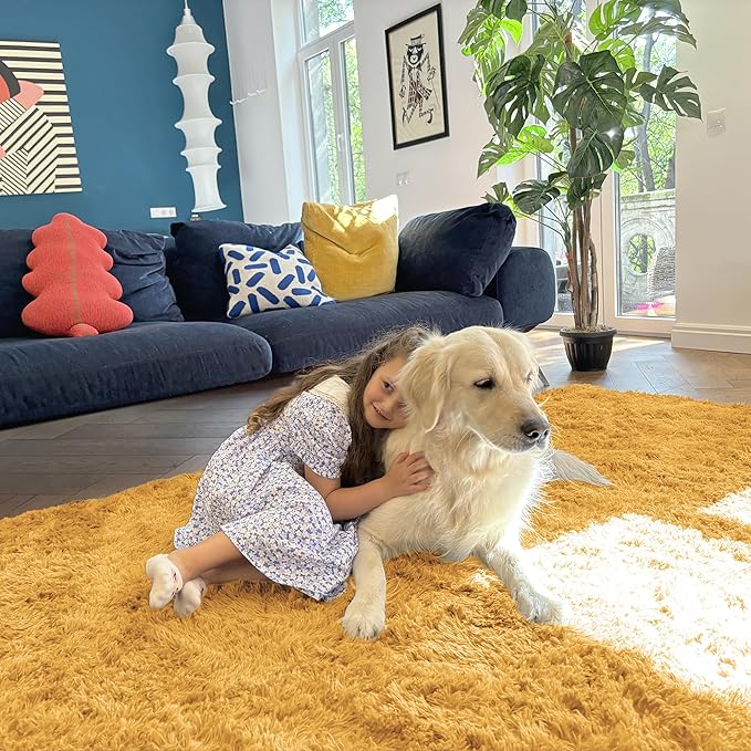 OLANLY 2x8 Machine Washable Runner Rugs for Hallway, Soft Fluffy Shaggy Bedside Rugs for Bedroom, Living Room, Indoor Floor Carpet for Kids Girls and Boys, Home Decor Aesthetic, Mustard Yellow
