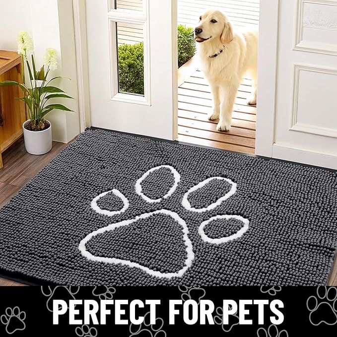 Smiry Dog Door Mat for Muddy Paws, Absorbent Dirt Trapper Non Slip Quick Dry Washable Chenille Mat for Mud Dogs, Entry Rug for Indoor and Outdoor (44x32 Inches, Dark Grey and White)