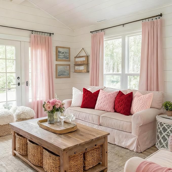decorUhome Valentine’s Day Soft Plush Throw Pillow Covers 16x16 Inch Set of 2, Faux Fur Pink Heart Decoration Neutral Square Pillow Covers for Couch Sofa Bed Cozy Farmhouse Holiday Decor