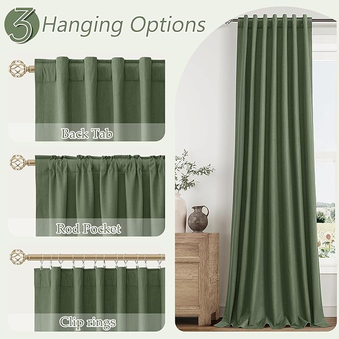 Guken Olive Green 100% Blackout Curtains 84 Inch Length 2 Panels Set for Living Room Bedroom Back Tab Thermal Insulated Black Out Linen Drapes Room Darkening Window Curtains 84 Inches Long