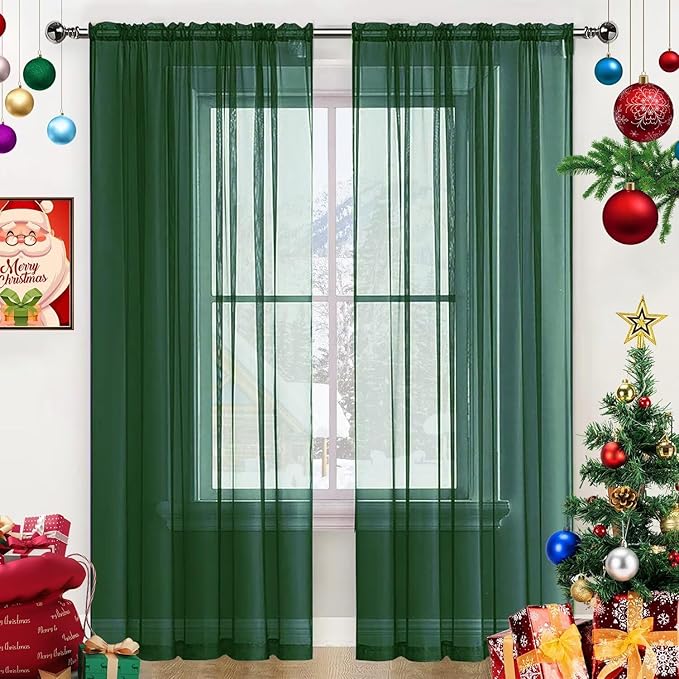 SpaceDresser Sheer Voile Window Treatment Rod Pocket Curtain Panels for Kitchen Bedroom Living Room Drapes Sunlight Filtering Privacy Semi Home Decor Assorted Colors Sizes (Foliage Green, 52 W x 84 L)