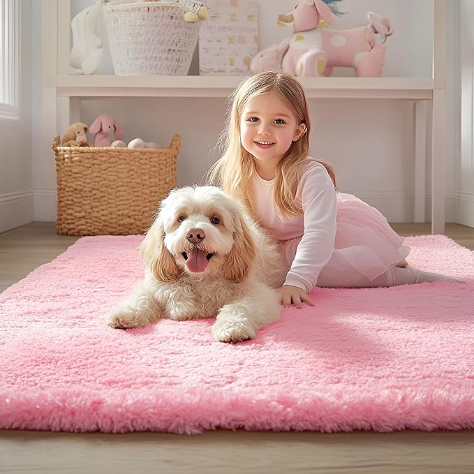 OLANLY 6x9 Machine Washable Large Area Rugs for Living Room, Bedroom, Soft Fluffy Shaggy Bedside Rug, Indoor Floor Carpet for Kids Girls and Boys, Dorms, Nursery, Home Decor Aesthetic, Pink
