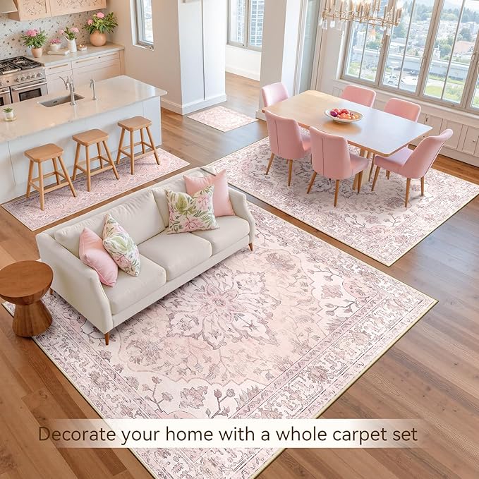 Area Rugs 6'x9' Washable Non-Slip, Floral Vintage Distress Print Pattern Medallion Carpet for Living Room Bedroom Dining Room, Pink Greypink Cute