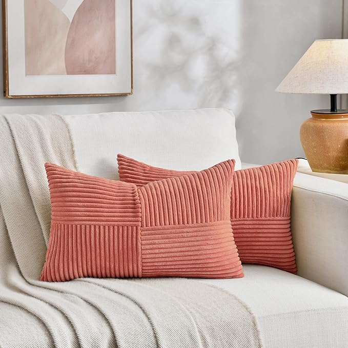 Fancy Homi 2 Packs Coral Lumbar Decorative Throw Pillow Covers 20x28 Inch for Living Room Couch, Rustic Farmhouse Boho Home Decor, Soft Striped Corduroy Rectangle Accent Peach Cushion Case 50x70 cm