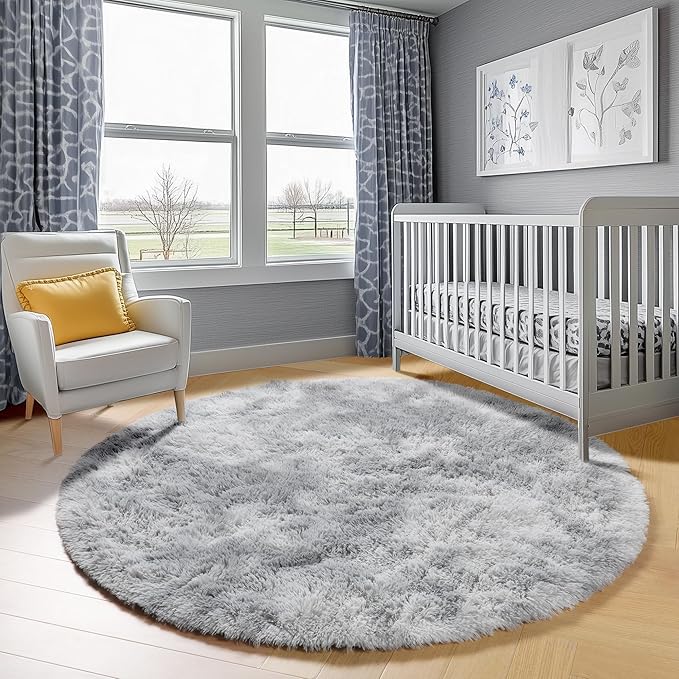 ONASAR Tie-Dyed Light Grey Round Area Rugs 6ft, Ultra Soft Bedroom Circle Rug for Kids Girls Boys Teen Room, Fluffy Plush Shaggy Carpet Floor Mats for Dorm Nursery Living Room Playroom Home Decor