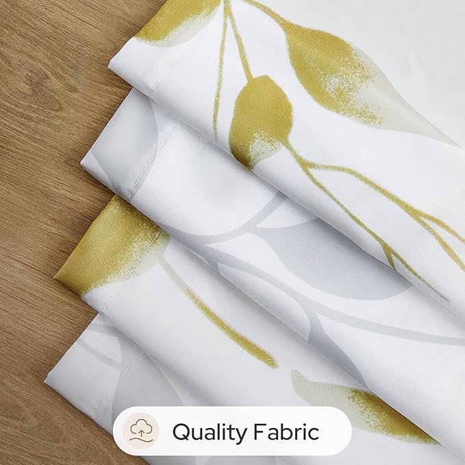 HOMEIDEAS Non-See-Through Gold and White Privacy Sheer Curtains 52 X 84 Inch Length 2 Panels, Leaf Floral Printed Light Filtering Semi Sheer Window Curtains Drapes for Bedroom Living Room