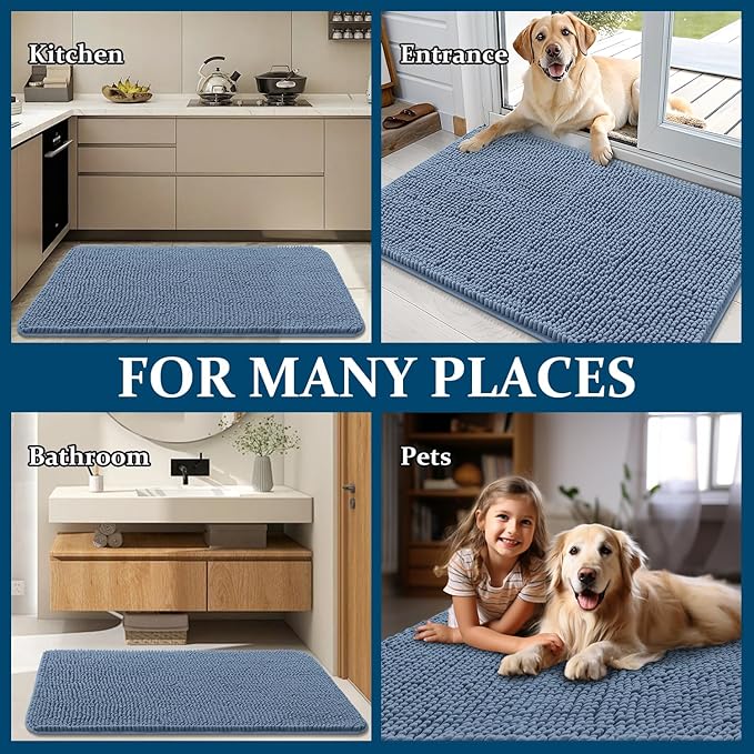 OLANLY Dog Door Mat for Muddy Paws 70x46, Absorbs Moisture and Dirt, Absorbent Non-Slip Washable Doormat, Quick Dry Chenille Mud Mat for Dogs, Entry Indoor Entryway Carpet for Inside Floor, Airy Blue
