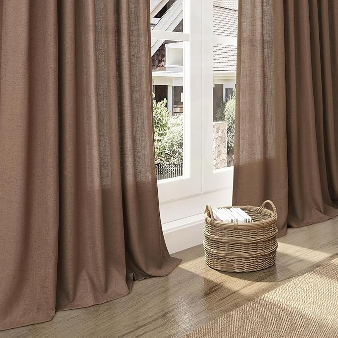 Caramel Brown Linen Curtains for Living Room 98 Inches Long Back Tab and Rod Pocket Light Filtering Semi Sheer Vintage Rustic Curtain Luxury Boho Decor Drapes for Bedroom Office 52x98, 2 Panels