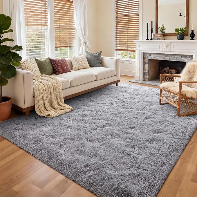 8x10 Ft Extra Large Shag Rugs for Living Room, Ultra Soft Fluffy Furry Area Rugs for Bedroom Indoor Floor, Aesthetic Carpet for Kids Home Decor (Light Grey)
