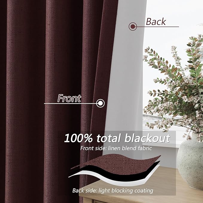 Guken 100% Blackout Curtains 84 Inch Length 2 Panels Set for Living Room Bedroom Back Tab Thermal Insulated Black Out Linen Drapes Room Darkening Reddish Brown,52x84