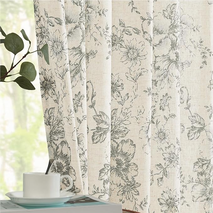 jinchan Lined Linen Blend Curtain Floral Curtains for Living Room 108 Inches Extra Long Grey Peony Flower Printed Curtain Back Tab Farmhouse Patterned Drapes Bedroom Window Curtains Set 2 Panels