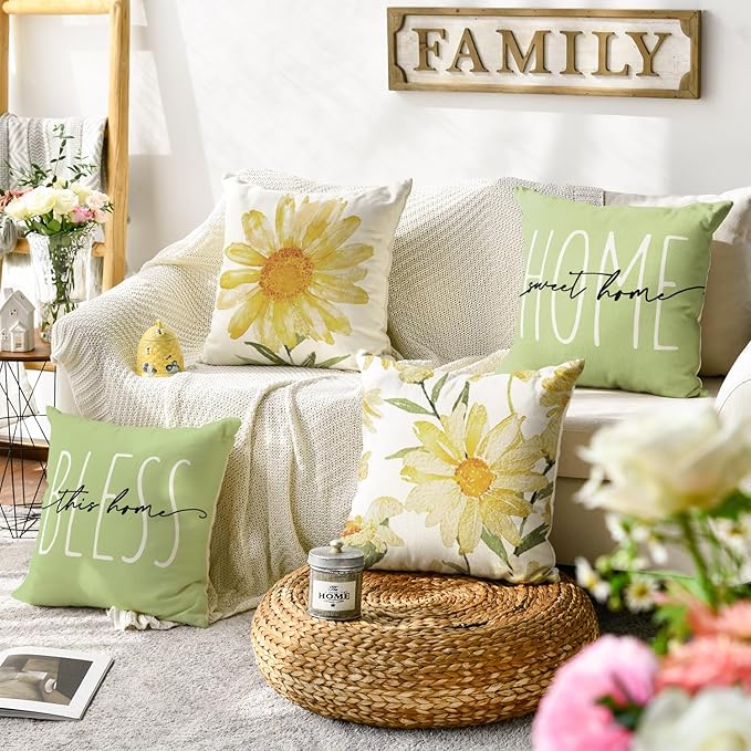 AVOIN colorlife Home Sweet Home Spring Summer Flowers Green Throw Pillow Covers, 18 x 18 Inch Cushion Case for Sofa Couch Set of 4
