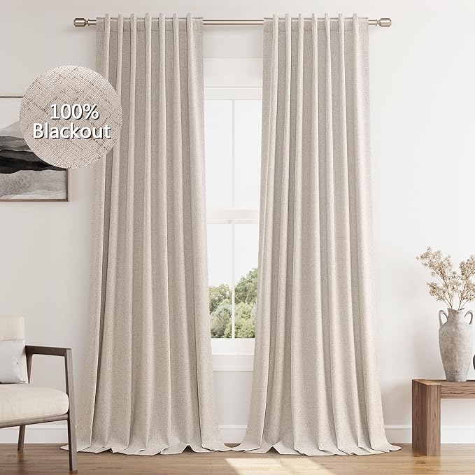Guken Oatmeal 100% Blackout Curtains 96 Inch Length 2 Panels Set for Living Room Bedroom Back Tab Thermal Insulated Black Out Linen Drapes Room Darkening Window Curtains 96 Inches Long
