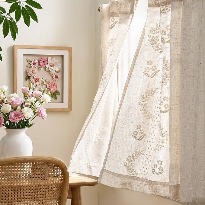 jinchan Belrose Linen Floral Kitchen Curtains 24 inch Length Embroidered Farmhouse Cafe Curtains for Living Room Bathroom Small Windows Curtain Set Sheer Light Filtering 2 Panels Ivory