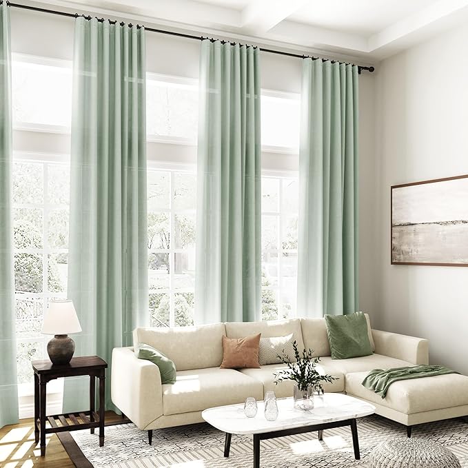 Nanspring Aqua Green Linen Curtains 108 Inches Long for Living Room Bedroom 2 Panels Set Extra Long Back Tab Curtain Light Filtering Sheer Drapes Floor to Ceiling Curtain for Large Windows 52x108