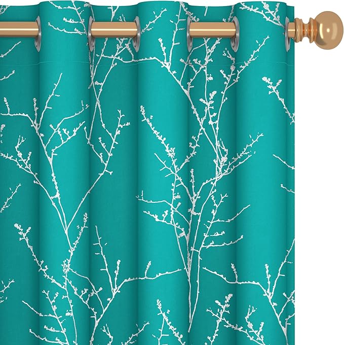 Deconovo Blackout Curtains, Thermal Insulated Soundproof Drapes with Tree Foil Print, 52 x 63 Inch, Set of 2, Machine Washable Window Curtain for Bedroom Living Room Nursery Kitchen Office, Turquoise