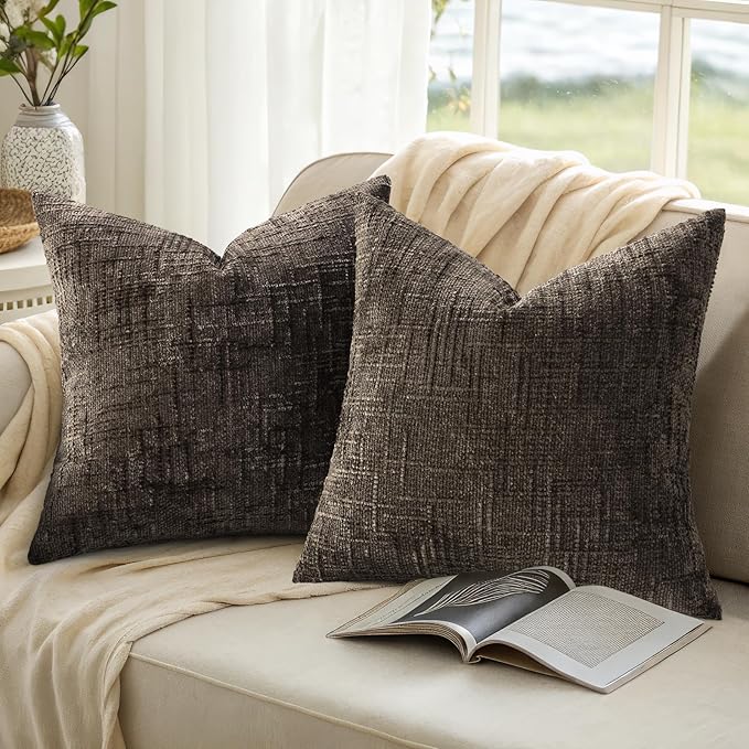 decorUhome Dark Brown Chenille Euro Sham Throw Pillow Covers 22x22 Set of 2 Textured Soft Cozy Slubby Couch Pillow Covers Modern Farmhouse Boho Decorative Pillow Cases for Bed Sofa Living Room