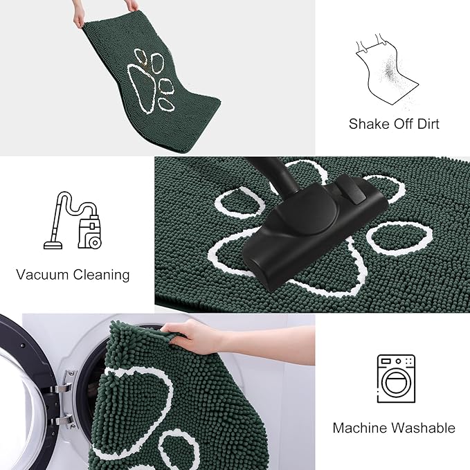 Smiry Dog Door Mat for Muddy Paws, Absorbent Dirt Trapper Non Slip Quick Dry Washable Chenille Mat for Mud Dogs, Entry Rug for Indoor and Outdoor (59x24 Inches, Green and White)