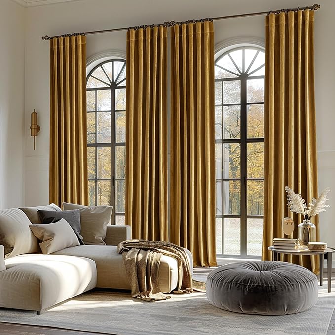 MIULEE Velvet Curtains 90 inches - Luxury Room Darkening Curtains for Bedroom Living Room Thermal Insulated Super Soft Window Drapes Rod Pocket & Back Tab, Gold, W52 x L90 inches, 2 Panels