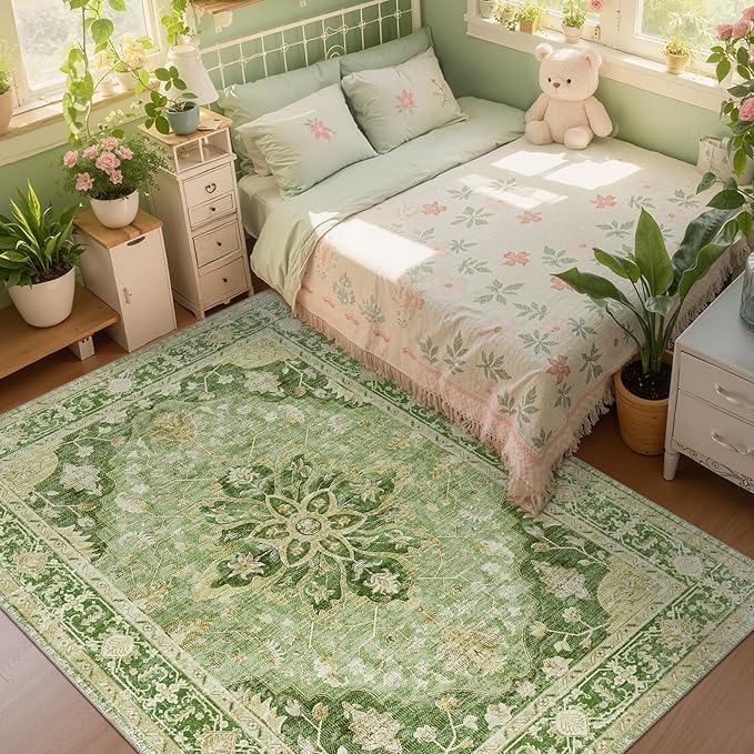 Area Rugs 5'x7' Washable Non-Slip, Floral Vintage Distress Print Pattern Medallion Carpet for Living Room Bedroom Dining Room, Sage Green Yellow