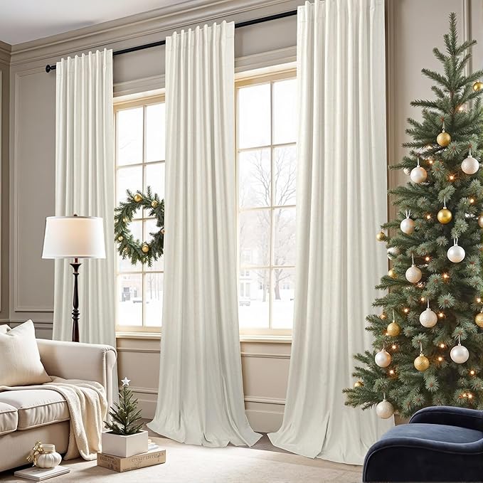 100% Blackout Curtains 90 Inch Long for Living Room 2 Panel Boho Modern Farmhouse Room Darkening Thermal Curtain for Winter Insulated Cream Linen Drape for Bedroom Aesthetic Patio Sliding Door Length