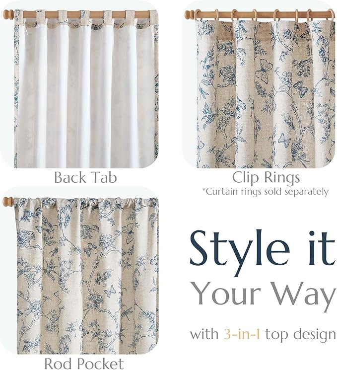 jinchan Floral Curtains Lined Linen Blend Curtain for Living Room 84 Inch Length Blue Flower Patterned Curtain French Country Farmhouse Curtains Drapes Back Tab Rod Pocket 2 Panels