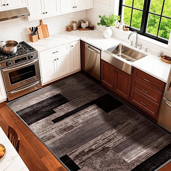 LIANLAM 4x6 Washable Area Rugs for Living Room and Bedroom, Vintage Checkered Pattern Non-Slip Carpet, Stain Resistant Low Pile Soft Rug for Dining Room,Office,Nursery,Kids Room(4x6,Chocolate)