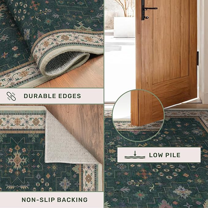 Hazo Haus Dark Green Oushak 5x7 Living Room Rug - Modern Vintage Boho Eclectic Floral Pastel, Washable Low Pile Non-Slip Large Area Rugs for Nursery Dining Under Table Bedroom Lounge